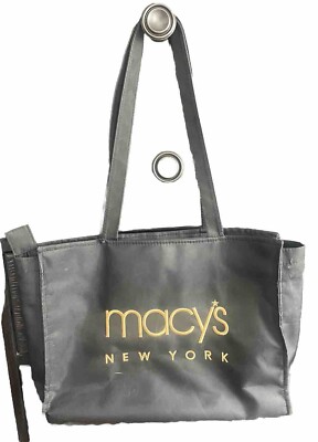 MACY'S New York Black Vinyl Tote Bag, Gold Embroidery 15”