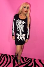 SKELETON BONES BLACK AND WHITE LONG SLEEVE MINI HALLOWEEN SPOOKY DRESS M/L