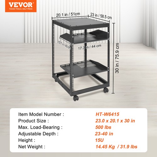 VEVOR Étagère serveur 15U à 4 poteaux et à cadre ouvert 58,5-101,6 cm ajustable - Zdjęcie 7 z 12