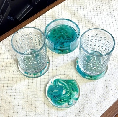 Handcrafted Abalone Shell Resin Coaster Set of 5 with Holder, Teal Ocean Coastal