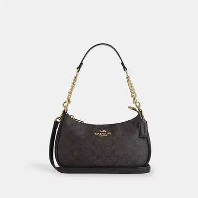#ad NWT Coach Teri Shoulder Bag In Signature CV933 Gold Walnut Black $98.00