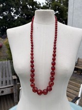 Vintage Ruby Red Faceted Acrylic Bead Necklace Graduated Retro 32” Long