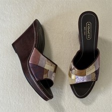 Coach Patchwork Wedge Slide Sandals Brown Multicolor Slip-On Women