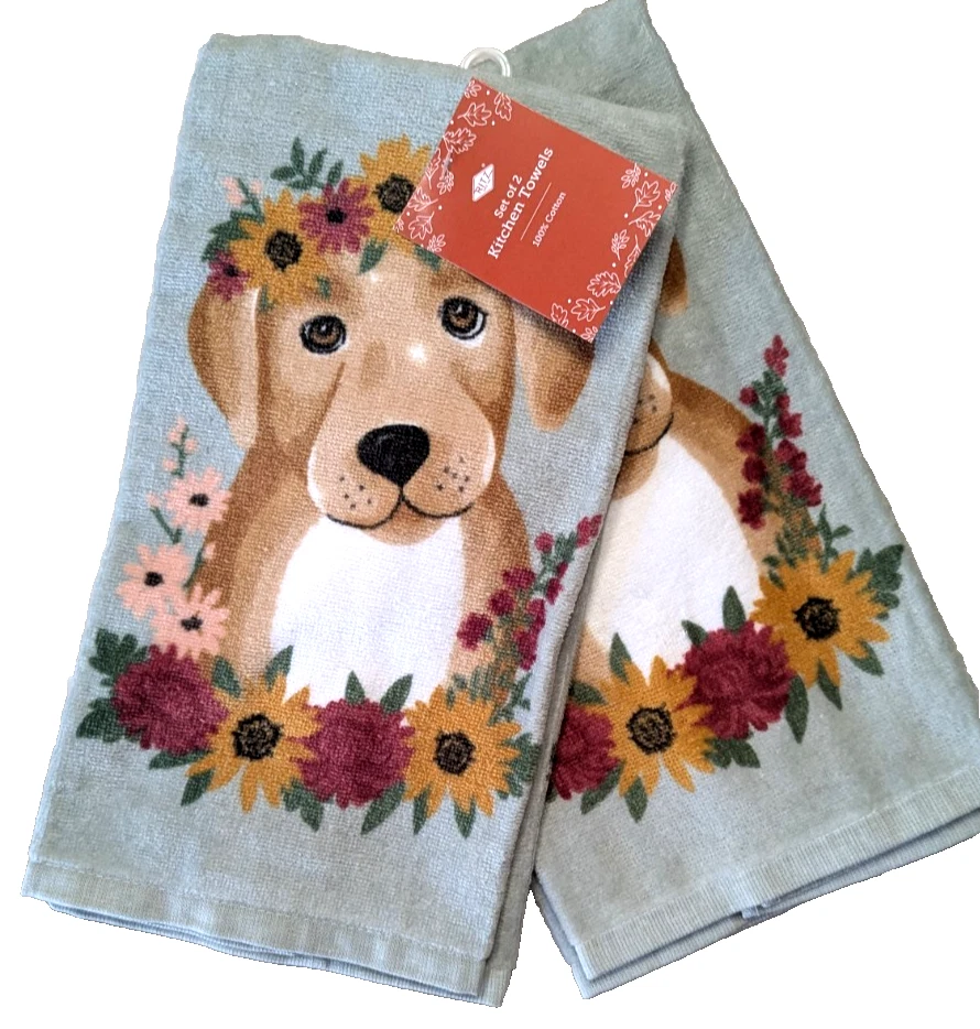 Кухонные полотенца Ritz Sitting Pretty Puppy 2 шт. осенние цветочные ромашки на сером подарке НОВЫЕ - Изображение 4 из 4