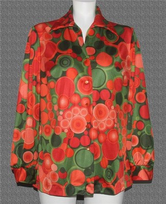 VTG Psychedelic Circles Green Orange Stretch Knit Polyester L/S Blouse Wm's XL?