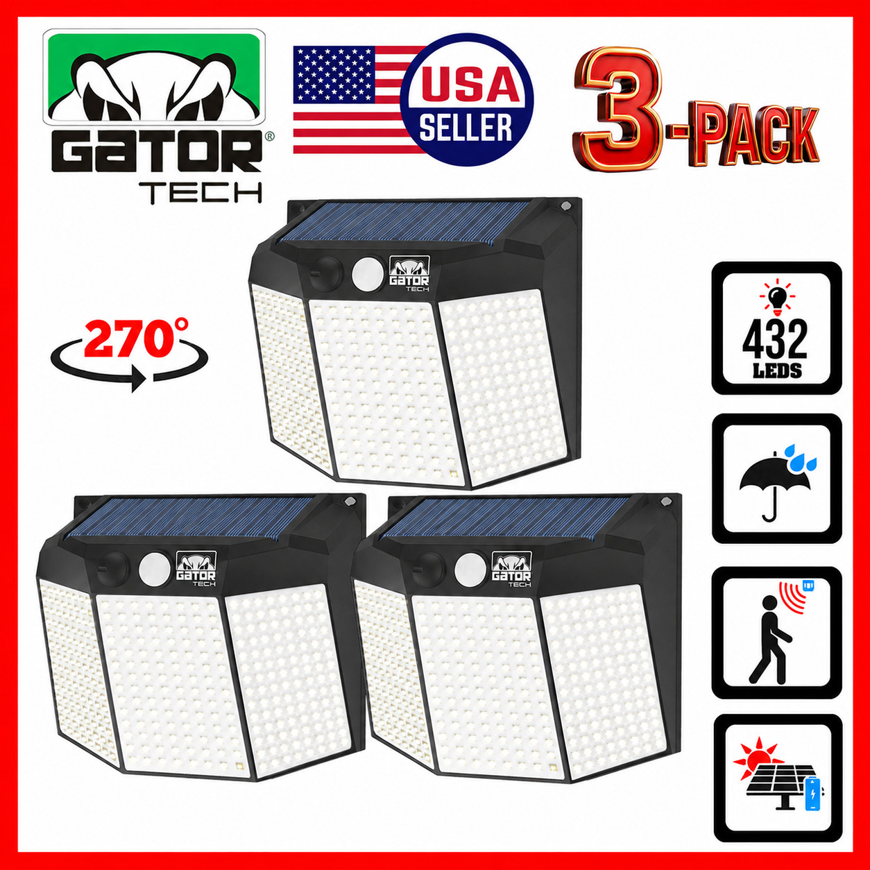 3-Pack Solar Power Wall Lamp Light 432 LED PIR Motion Sensor Outdoor Patio Yard