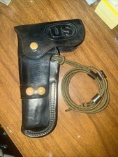 Black Leather Pistol Holster, Embossed "US" Marking - Militaria Theme
