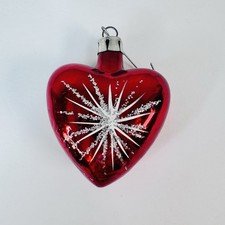 Vintage Red Heart Shape Glass Ornaments POLAND Glitter Sparks Lot of 6 Perfect