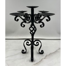 Vintage Wrought Iron 5 Light Candelabra Black Scroll Gothic Candle Holder 12in