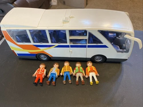 Vtg Playmobil City Life Bus 5106 White Blue Orange  5 Figures