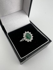 9ct White Gold Emerald Ring - UK Size N - Natural Emerald & Diamond