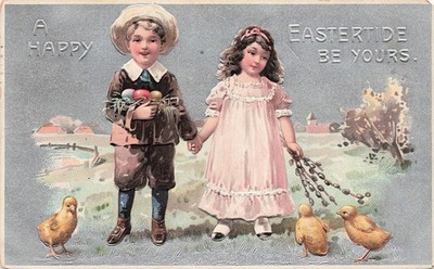 Victorian Easter Card Children Egg Hunt Spring Chicks Pastoral Vtg Postcard I64