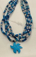 BEADED NECKLACE MULTI-STRAND BLUE WHITE STARFISH CHARM PENDANT HOOK CLOSE BEACHY