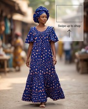 Women?s Blue & orange Cotton African Print Kaftan Maxi Dress Headwrap M/L/XL