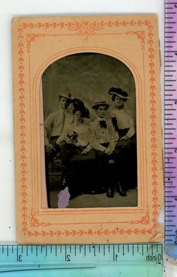 Two Couples with Straw Brim Hats Tintype Ferrotype