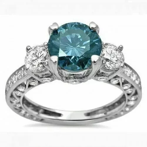 2Ct Round Cut Lab-Created Blue Diamond Engagement Ring 14k White Gold Finish - Picture 2 of 5