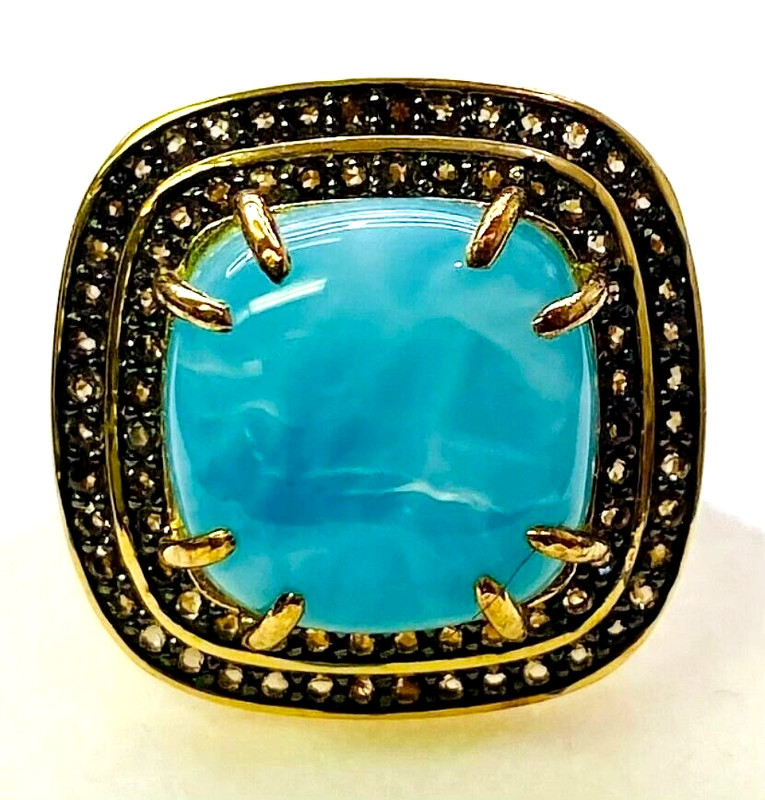 HSN Rarities Gold-Plated Sterling Vermeil Larimar & Smoky Quartz  Ring Size 6