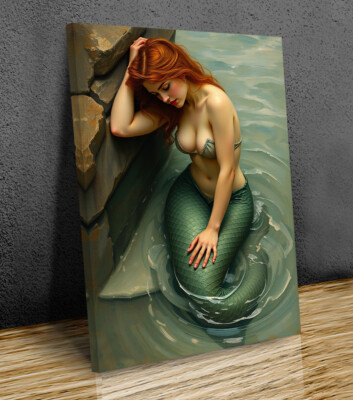 Beautiful Mermaid Red Hair Relaxing   art mounted canvas print