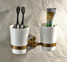 Antique Brass Wall Mounted Bathroom Toothbrush Holders Dual Ceramic Cups Pba408