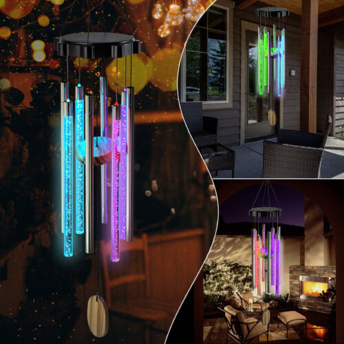 Color Changing Solar Wind Chimes LED Lights Large Deep Tone Resonant Bell Tubes - Picture 1 of 13