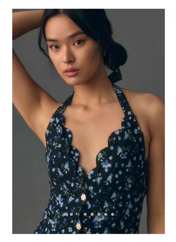NWT Anthropologie Maeve Halter V-Neck Scallop Mini Dress Black & Blue  Floral 16! | eBay
