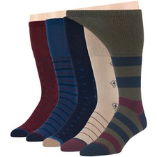 Men Diabetic Cotton Mid-Calf Soft Socks-5 Pack XLarge-Stripe Dot-Navy Blue Beige