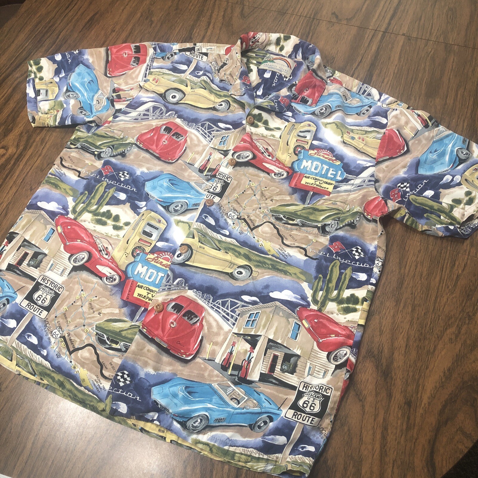 Vtg PARADISE FOUND Hawaiian Shirt Mens M Route 66 Corvette Stingray Made Hawaii
