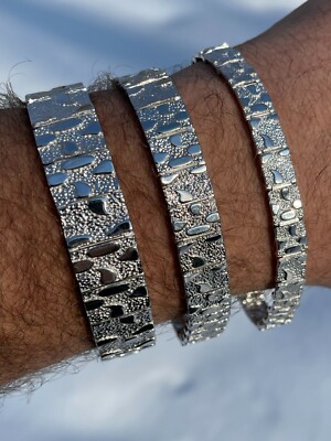 Real Solid 925 Sterling Silver Mens Nugget Bracelet Heavy Hip Hop 8mm 12mm 16mm