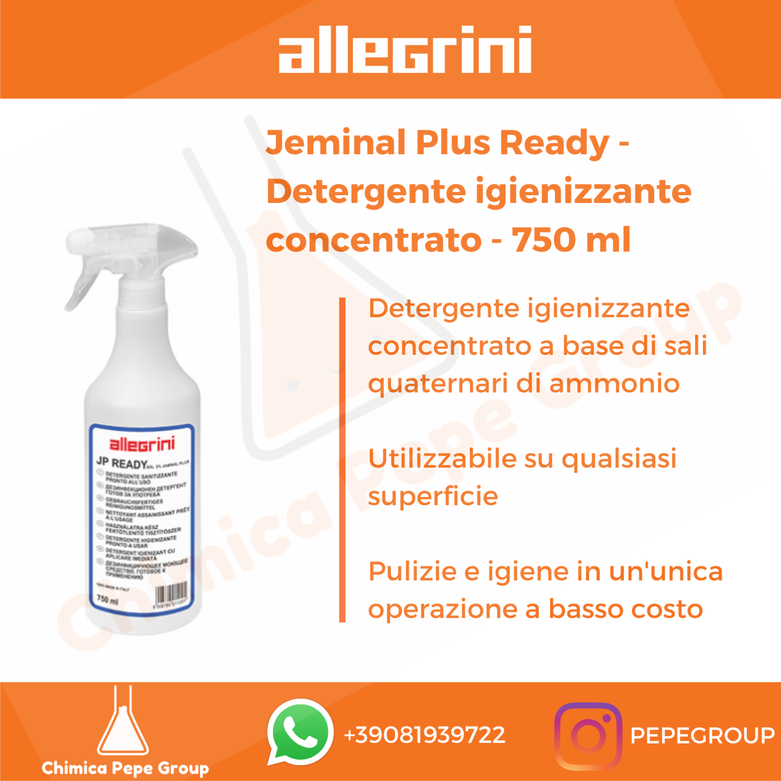 JP READY 750 ml Allegrini - DETERGENTE con SALI DAMMONIO per SUPERFICI DURE