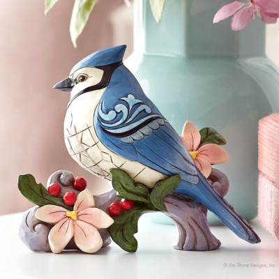   New JIM SHORE Figurine BLUE JAY Pink Flower Holly Berry Branch Bird Bust Art