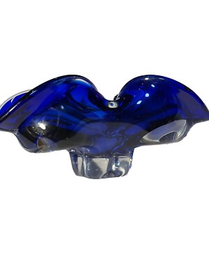 VTG Vibrant Blue/purple Murano Glass Ashtray Flower Design Heavy Clear Bottom 8x