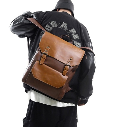 Men's Large Capacity Leather Backpack Fashionable Trend Simple Travel Backpack - Picture 8 of 24