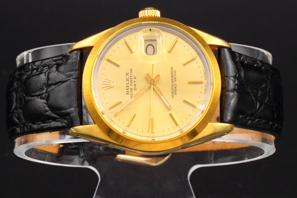 Rolex Date 15505 relógio masculino ouro amarelo 14k pulseira preta mostrador champanhe - Imagem 4 de 4