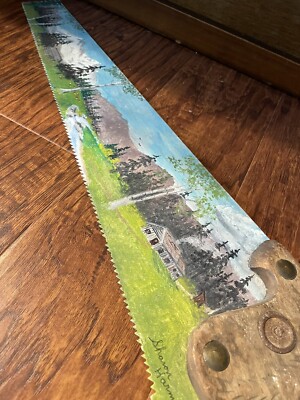 Oil Painting Signed Sharon Harmon Old Steel Wood Hand Saw Windmill Landscape