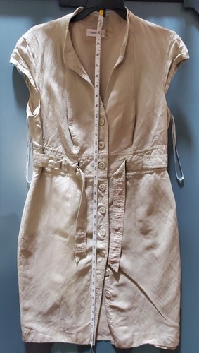 Calvin Klein Cap Sleeve Band Collar Button Front Sash Belt Beige Dress Size 12 - Picture 2 of 7