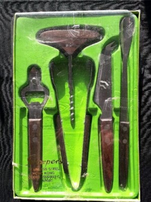 Vintage Retro Box Schärfer 5 Stück Bar Set Edelstahl Palisander Griffe W3