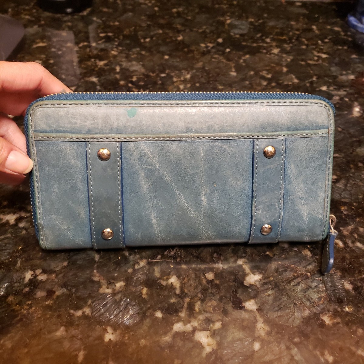 Vtg COACH Wallet Soho Zoe Double Buckle Teal Blue Leather