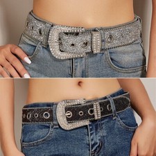 Women Leather PU Belt Strap Rhinestone Girdle Waistband Glitter Jean Pants