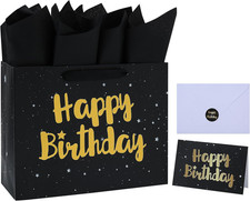 13" Large Black Gift Bag Set with Greeting Card and Tissue Papers Stars and Gol