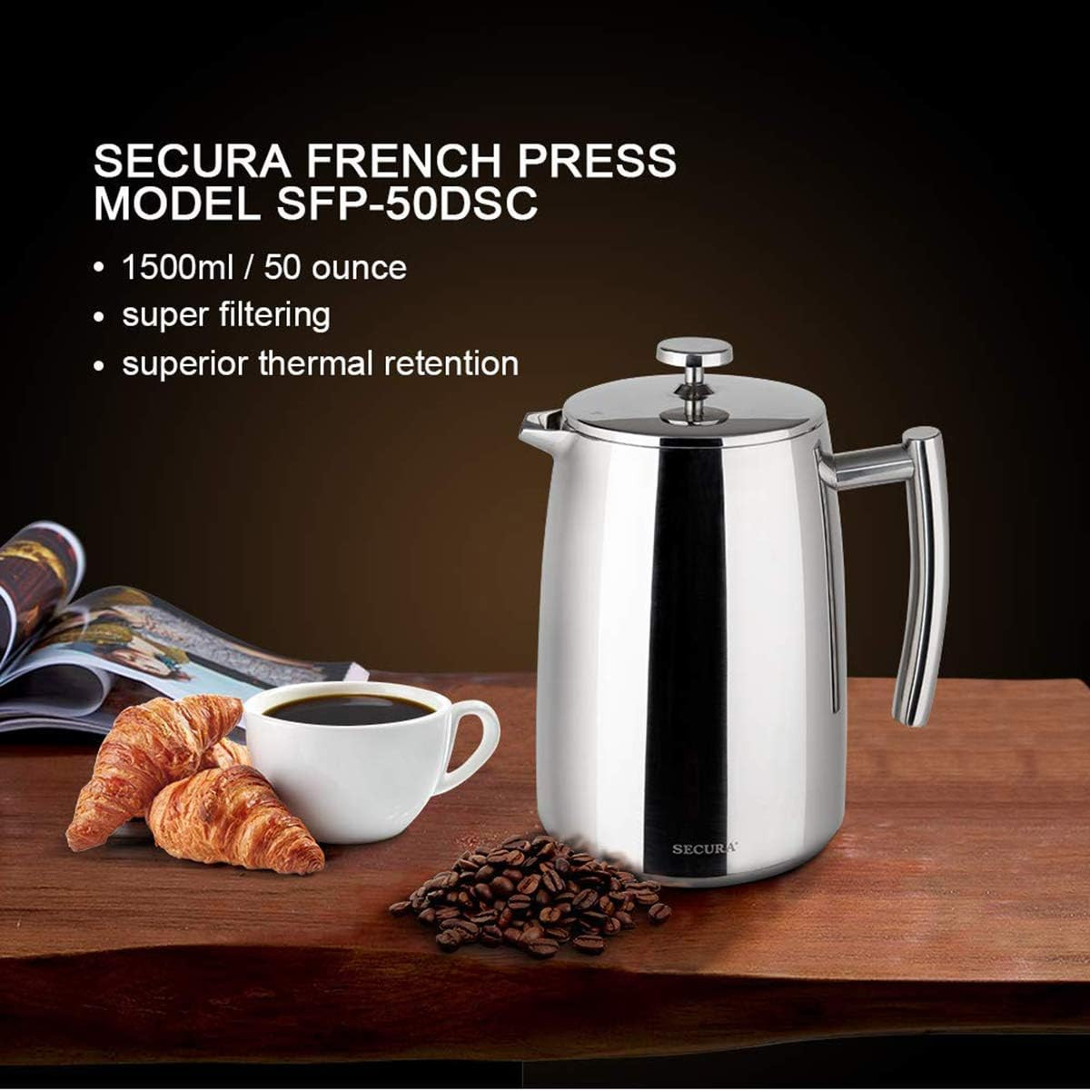 French Press Coffee Maker, 50-Ounce, 304 Stainless Steel Insulated Coffee Press