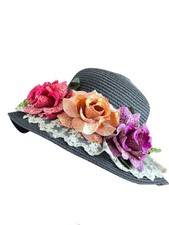 Women  s Wide Brim Hat Black With 3 Flowers and Lace Trim Easter Kentucky Derby