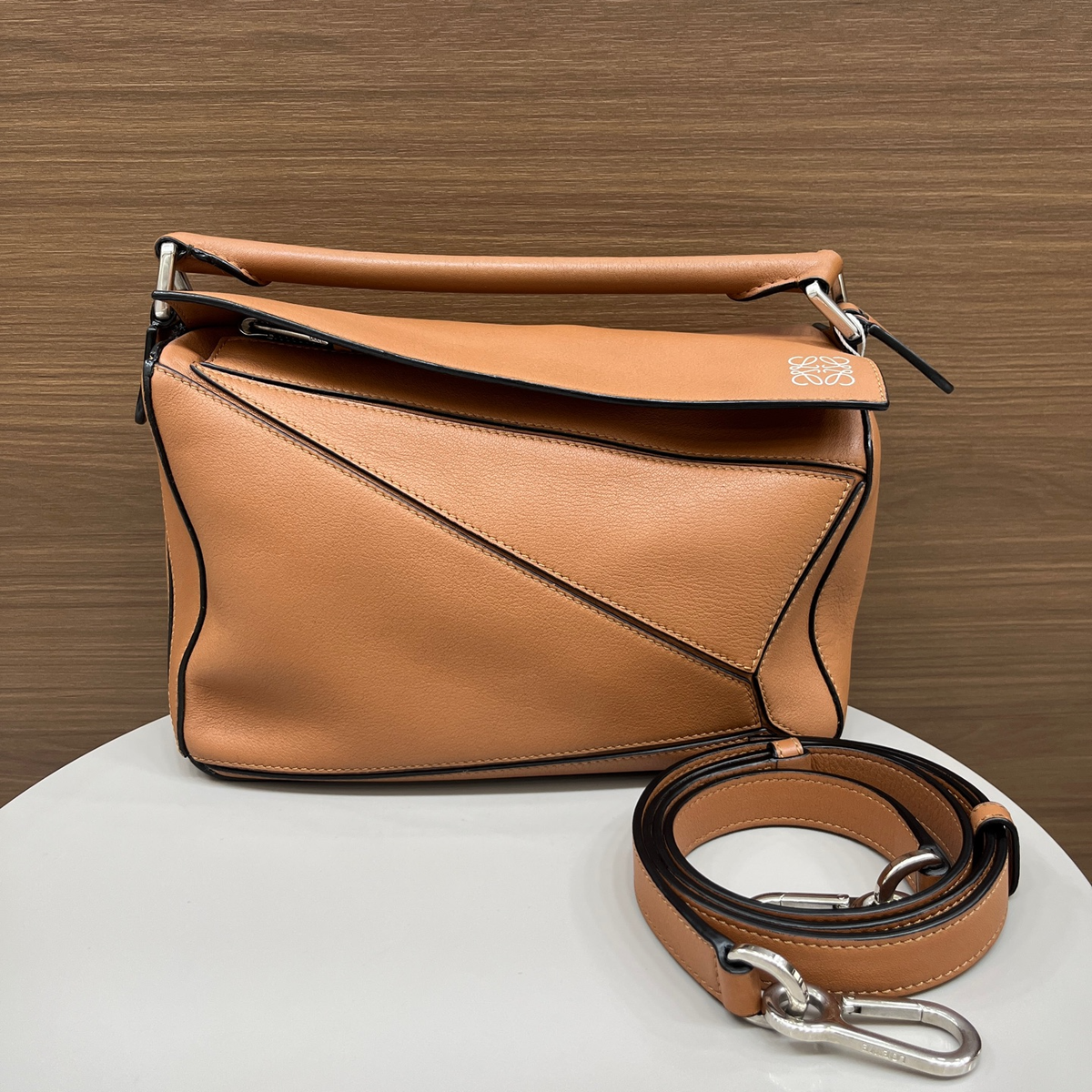 Authentic Loewe Puzzle Small Bag in Tan Calfskin Leather with 