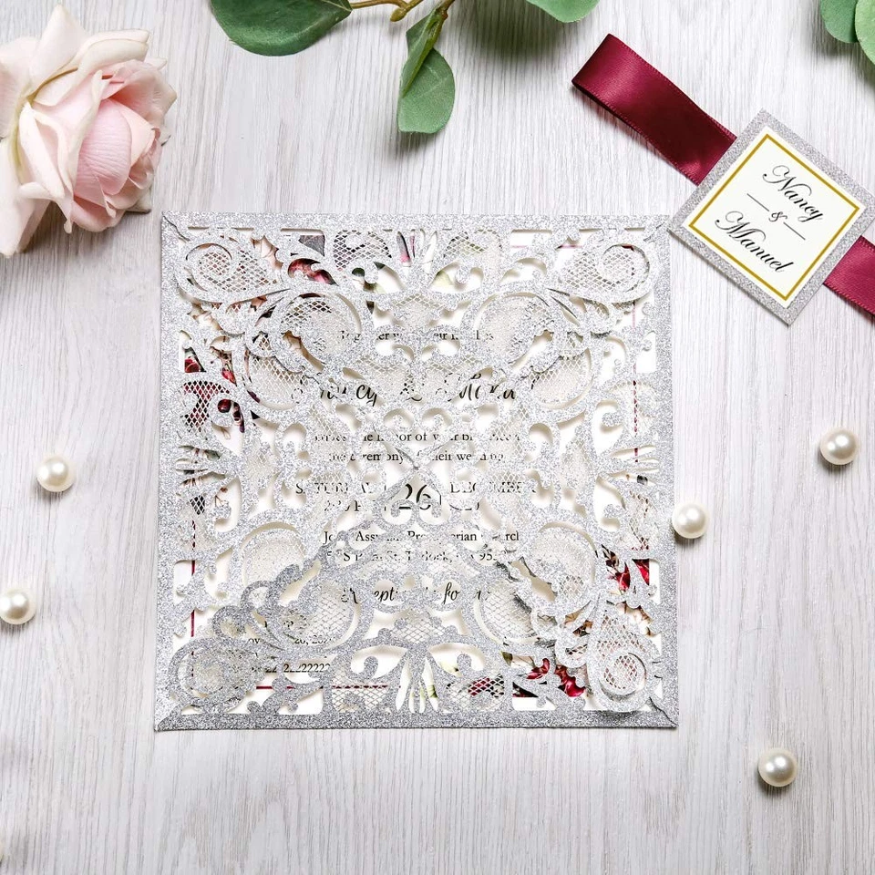 6,3 X 6,3 pulgadas 50 piezas en blanco plata brillo corte láser invitaciones de boda con... Foto 4 de 4