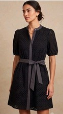 Nine West Fit N Flare Eyelet Dress Black XL Belted Button Up Preppy Going Out