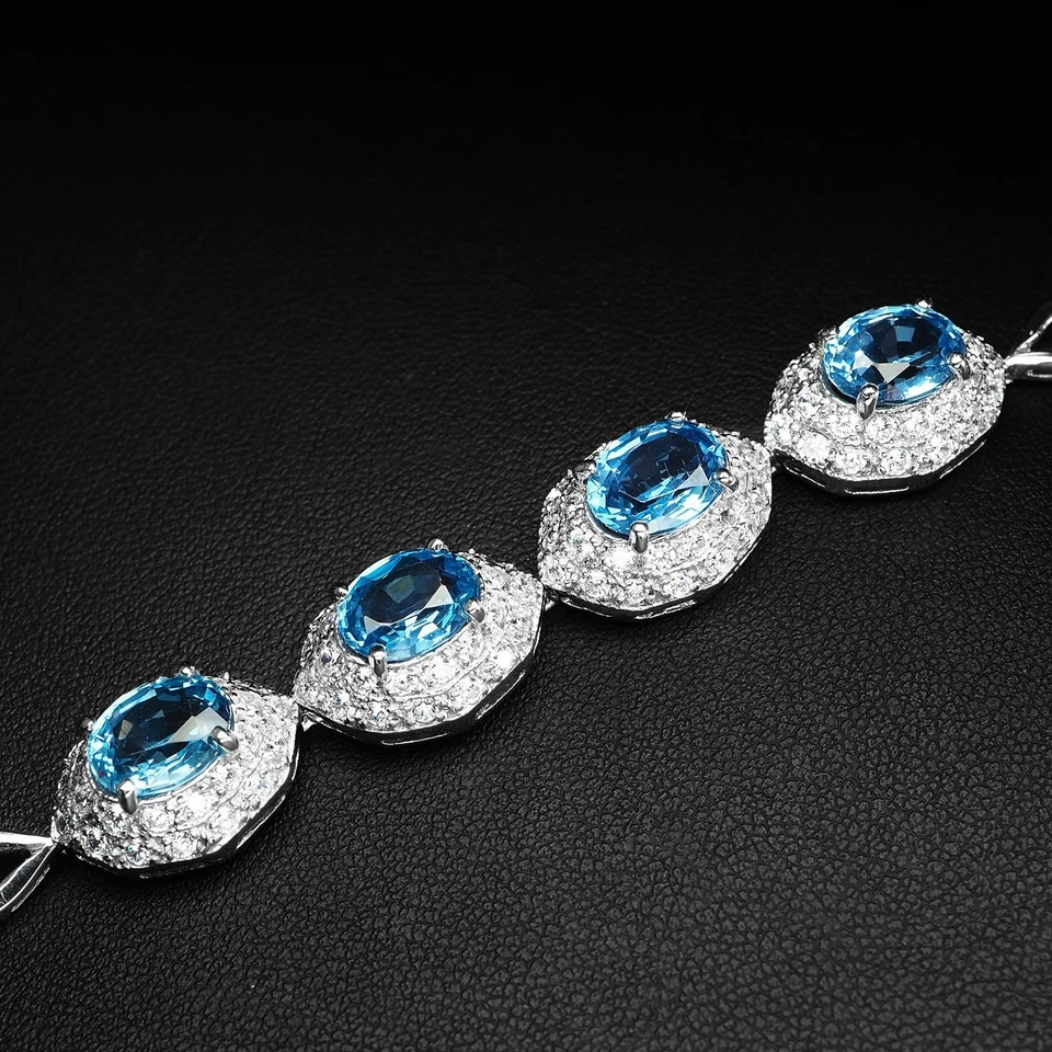 Bracciali in oro bianco con topazio blu svizzero radiante ovale in argento... - Immagine 4 di 4