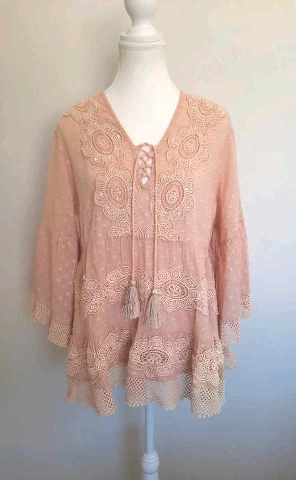 Talisman Pink Boho Top Beaded Lace Detail Size S/M Excel Cond