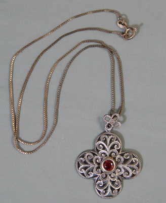 Estate Signed NF 925 Sterling Filigree Garnet Maltese Cross Pendant Necklace 