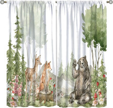 Kid Forest Animal Curtains, Woodland Elk Bear Watercolor Print for Nursery Bedr