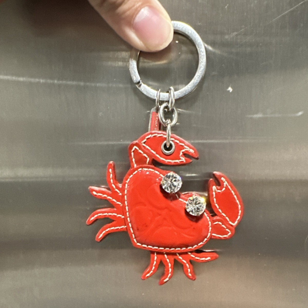 Vintage Coach Red Crab Leather Key Chain with Rhinestone Accents