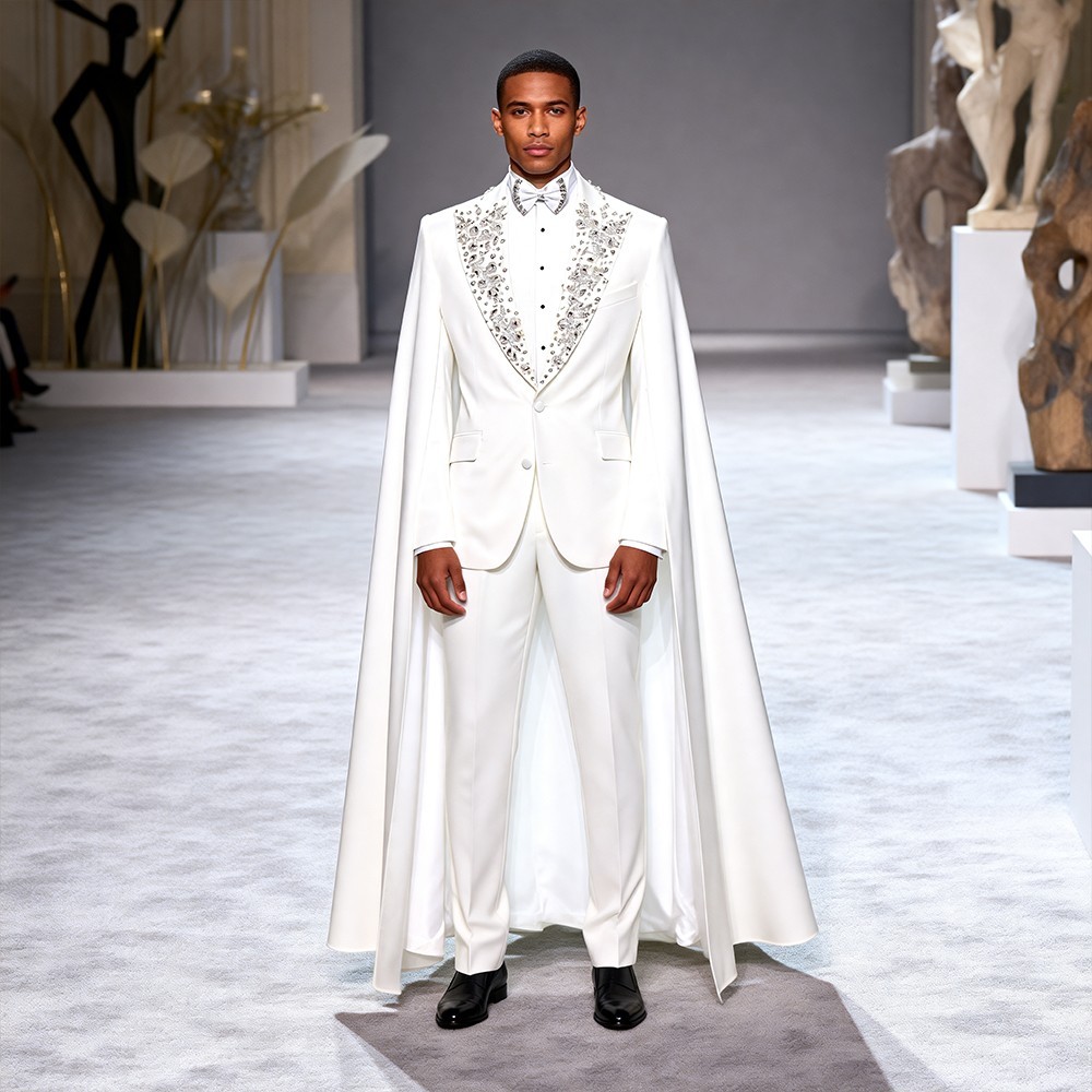 luxury wedding dress for men Men's White Luxury Style Crystal Suits with Long Cape for Banquet Wedding  Party